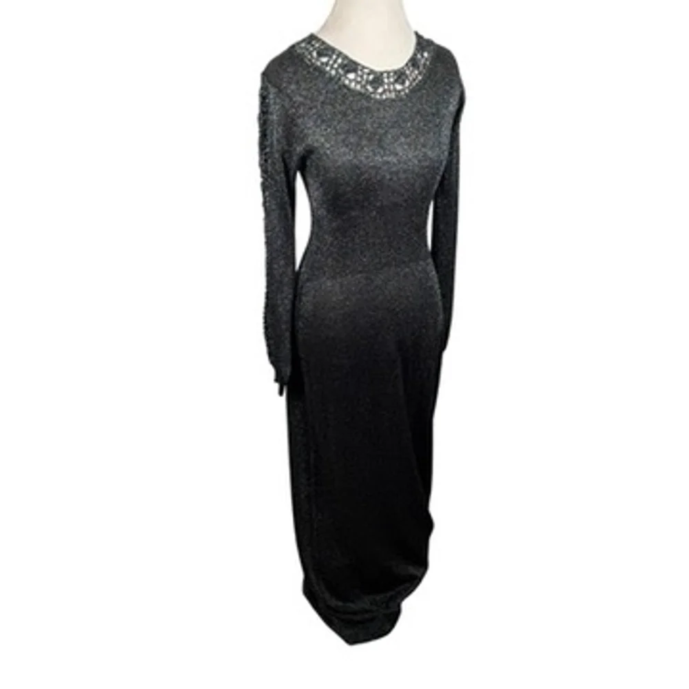 Vintage Black Metallic Shimmer Maxi Bodycon Dress Stretch Crochet Size S/M - Picture 8 of 14